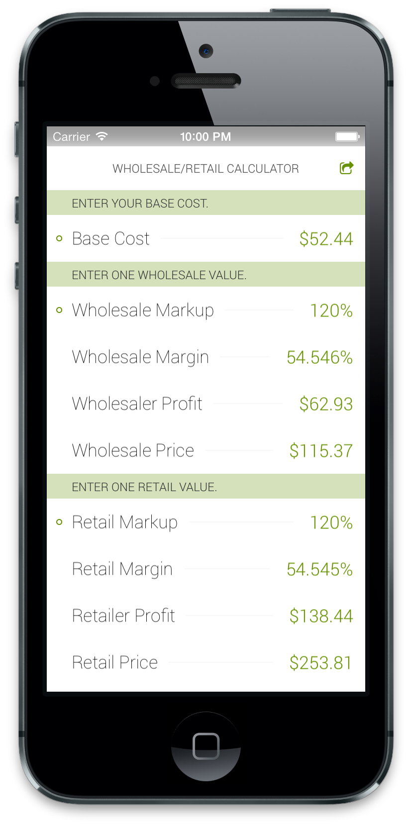 Wholesale/Retail Calculator App Screenshot